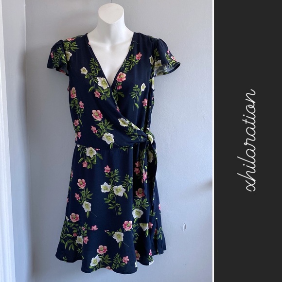 Xhilaration Floral Flounce Faux Wrap Dress Navy S - Picture 1 of 5